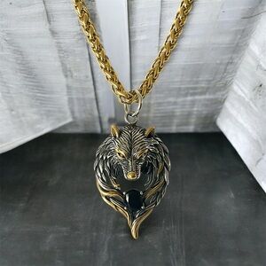 Large 316L Surgical Stainless Steel Gold PVD Titanium Wolf Head Pendant Necklace